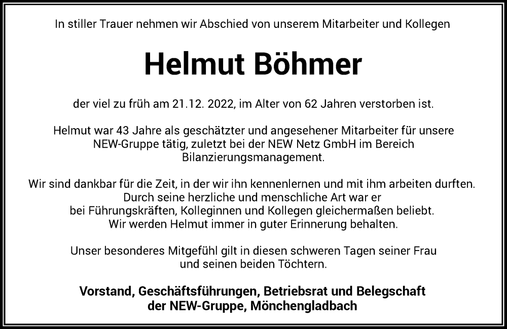  Traueranzeige für Helmut Böhmer vom 31.12.2022 aus Rheinische Post