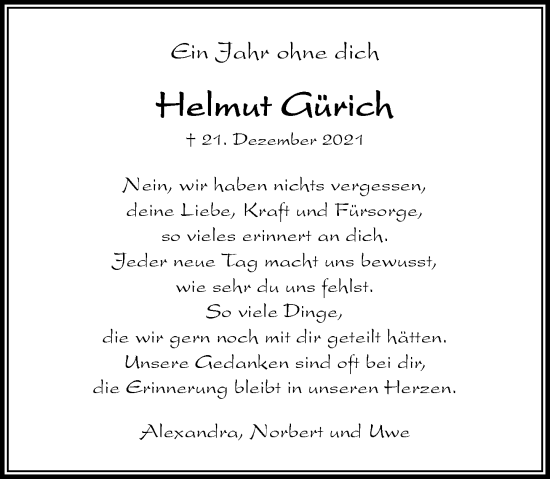 Traueranzeige von Helmut Gürich von Rheinische Post