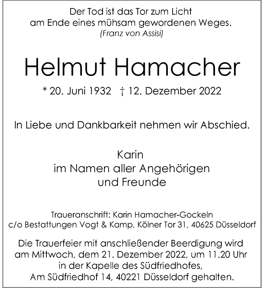 Traueranzeige für Helmut Hamacher vom 17.12.2022 aus Rheinische Post