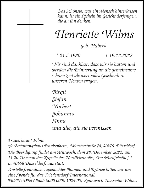 Traueranzeige von Henriette Wilms von Rheinische Post