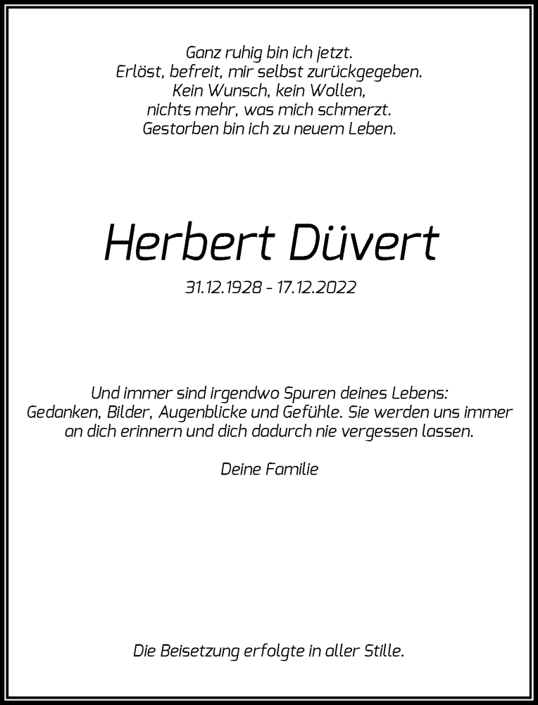  Traueranzeige für Herbert Düvert vom 31.12.2022 aus Rheinische Post