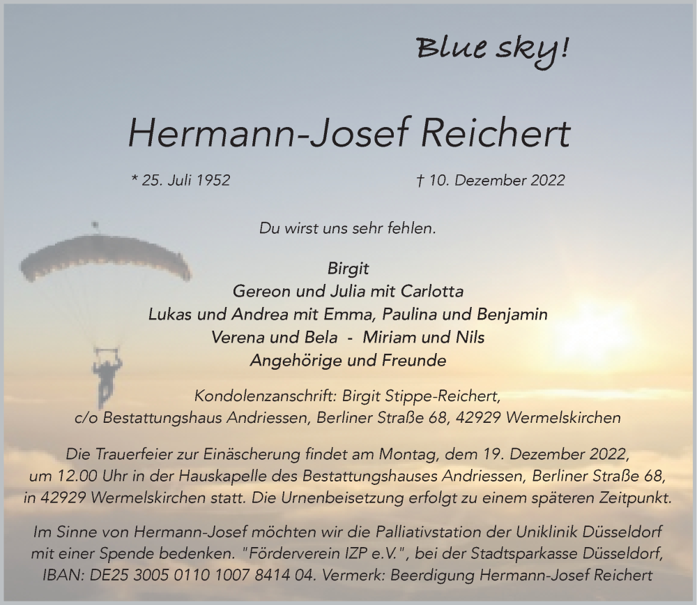  Traueranzeige für Hermann-Josef Reichert vom 15.12.2022 aus Rheinische Post