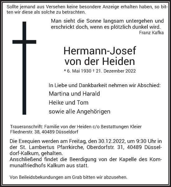 Traueranzeige von Hermann-Josef von der Heiden von Rheinische Post
