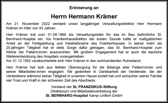 Traueranzeige von Hermann Krämer von Rheinische Post