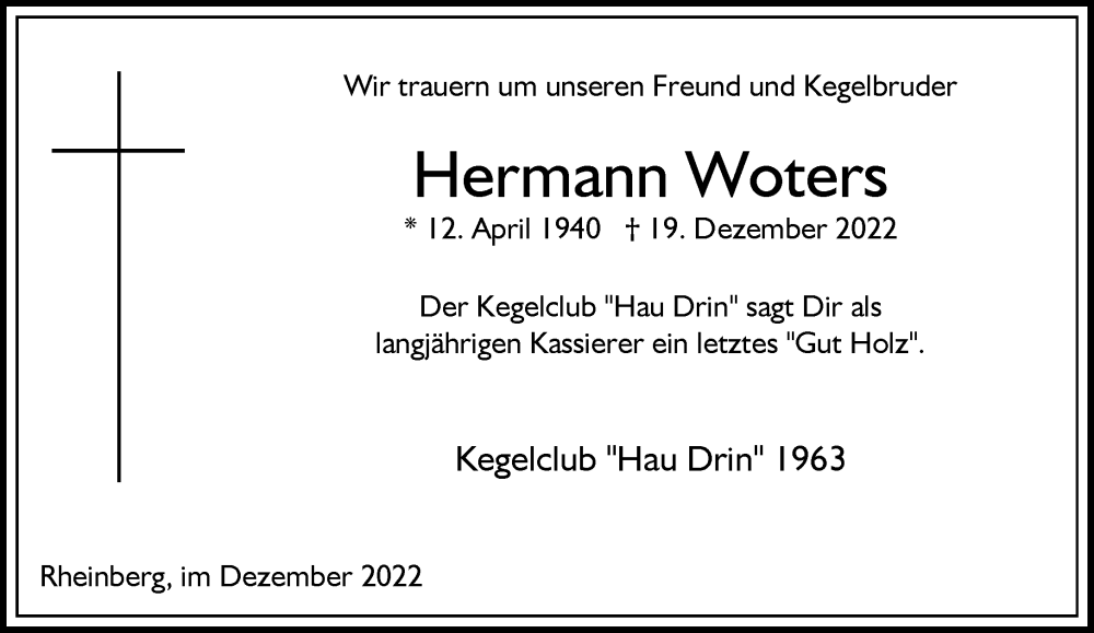  Traueranzeige für Hermann Woters vom 28.12.2022 aus Rheinische Post