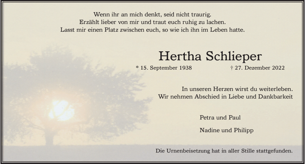 Traueranzeige für Hertha Schlieper vom 28.01.2023 aus Rheinische Post