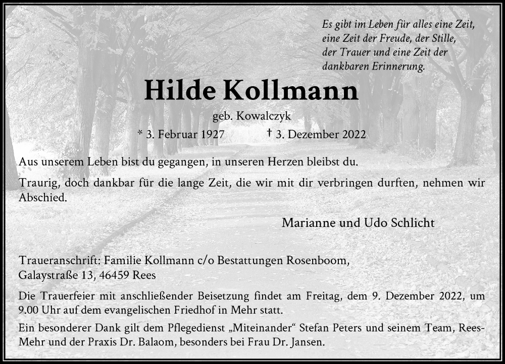  Traueranzeige für Hilde Kollmann vom 06.12.2022 aus Rheinische Post