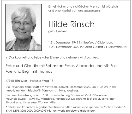 Traueranzeige von Hilde Rinsch von Rheinische Post