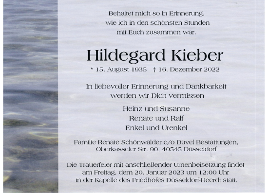 Traueranzeige von Hildegard Kieber von Rheinische Post