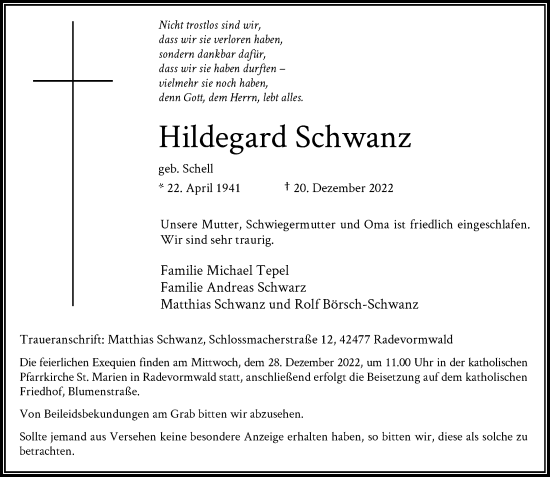 Traueranzeige von Hildegard Schwanz von Rheinische Post