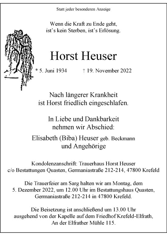Traueranzeige von Horst Heuser von Rheinische Post