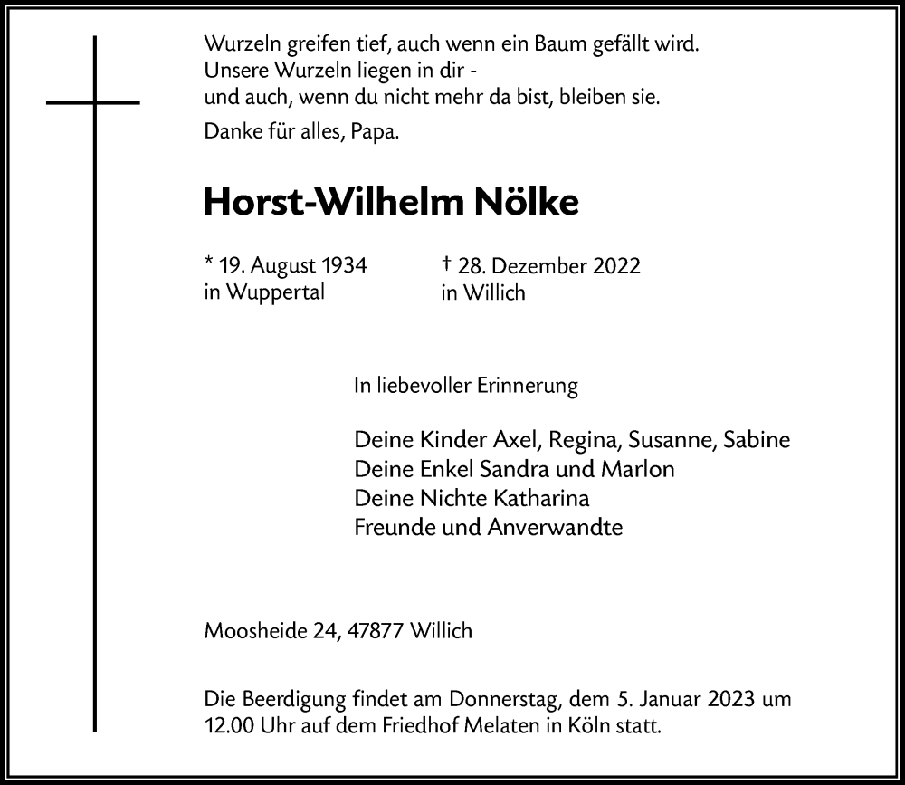  Traueranzeige für Horst-Wilhelm Nölke vom 31.12.2022 aus Rheinische Post