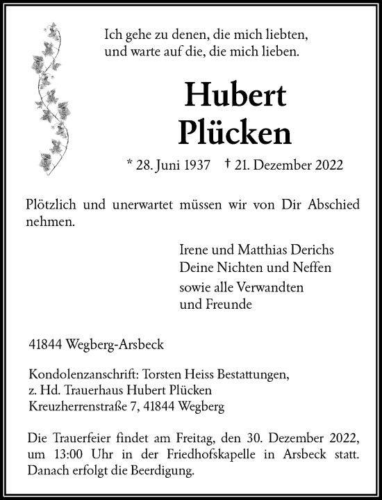 Traueranzeige von Hubert Plücken von Rheinische Post