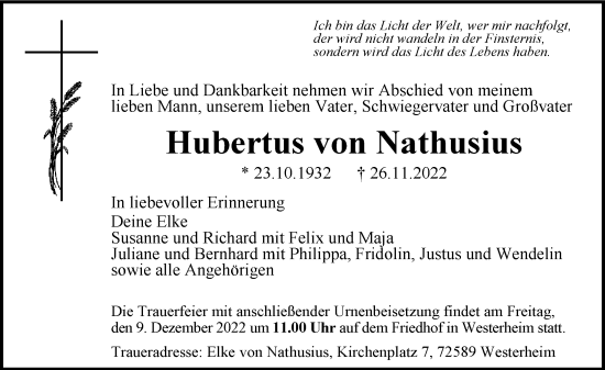 Traueranzeige von Hubertus von Nathusius von Rheinische Post