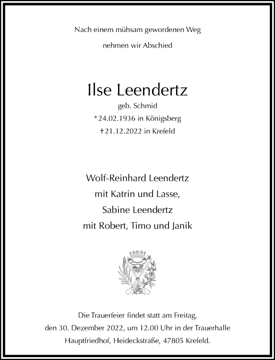 Traueranzeige von Ilse Leendertz von Rheinische Post