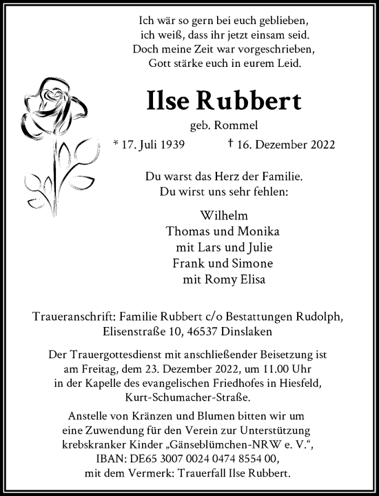 Traueranzeige von Ilse Rubbert von Rheinische Post
