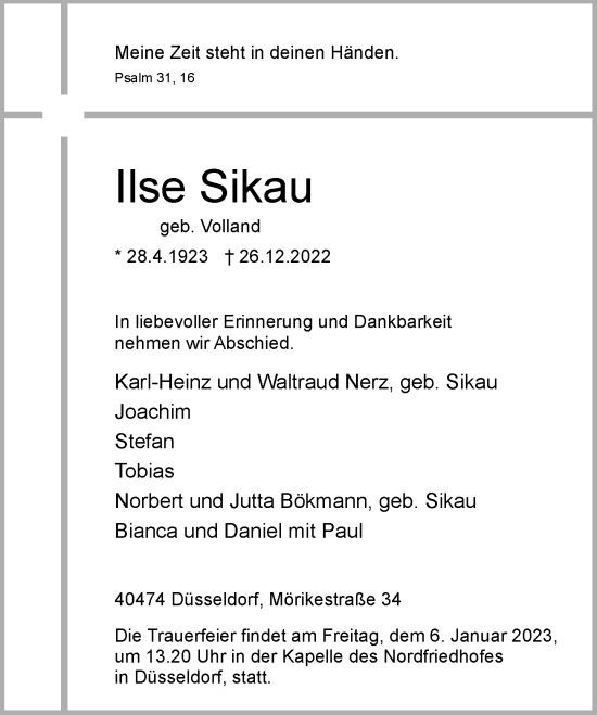 Traueranzeige von Ilse Sikau von Rheinische Post