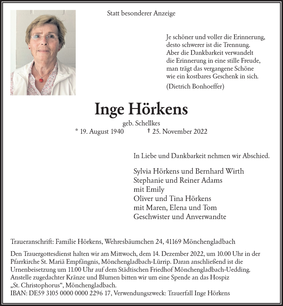  Traueranzeige für Inge Hörkens vom 03.12.2022 aus Rheinische Post