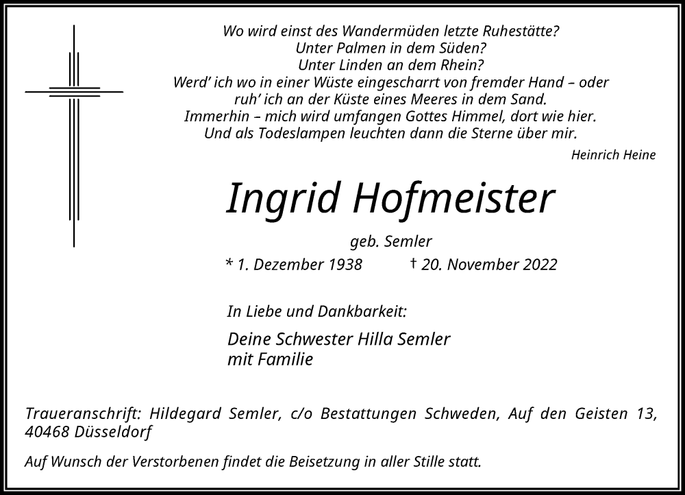  Traueranzeige für Ingrid Hofmeister vom 03.12.2022 aus Rheinische Post