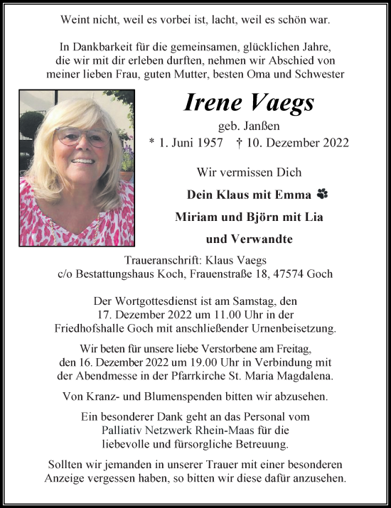 Traueranzeige von Irene Vaegs von Rheinische Post