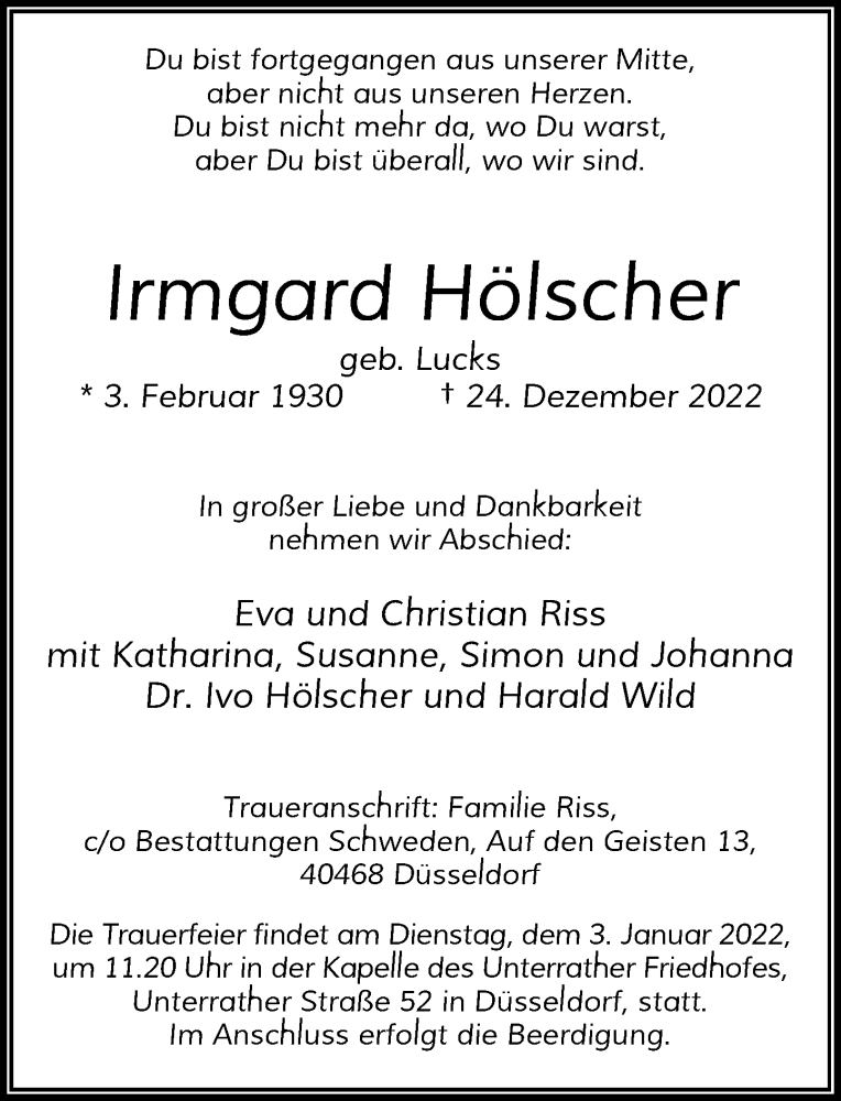  Traueranzeige für Irmgard Hölscher vom 31.12.2022 aus Rheinische Post