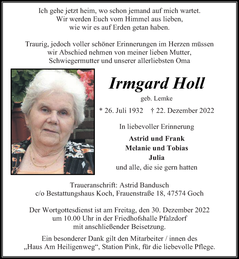  Traueranzeige für Irmgard Holl vom 28.12.2022 aus Rheinische Post