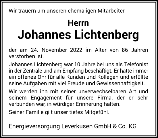 Traueranzeige von Johannes Lichtenberg von Rheinische Post