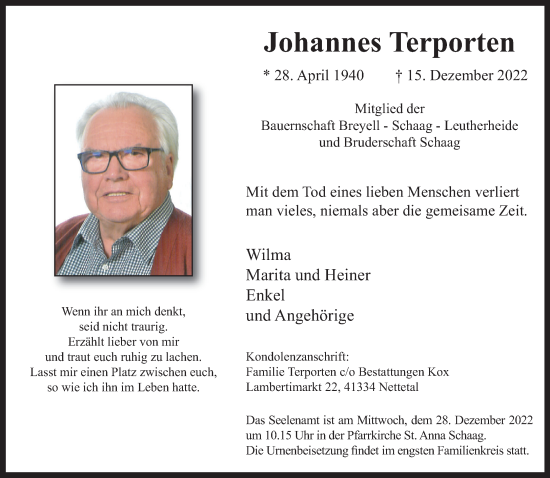 Traueranzeige von Johannes Terporten von Rheinische Post
