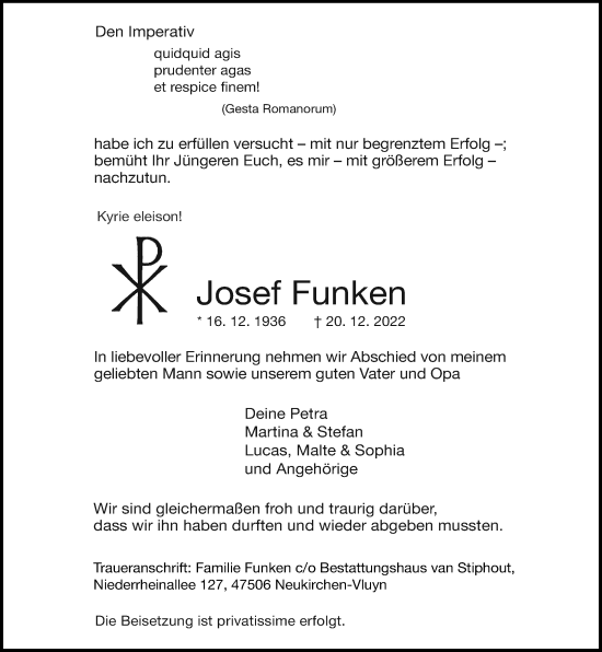 Traueranzeige von Josef Funken von Rheinische Post