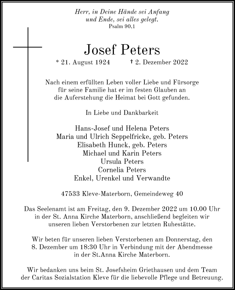  Traueranzeige für Josef Peters vom 06.12.2022 aus Rheinische Post