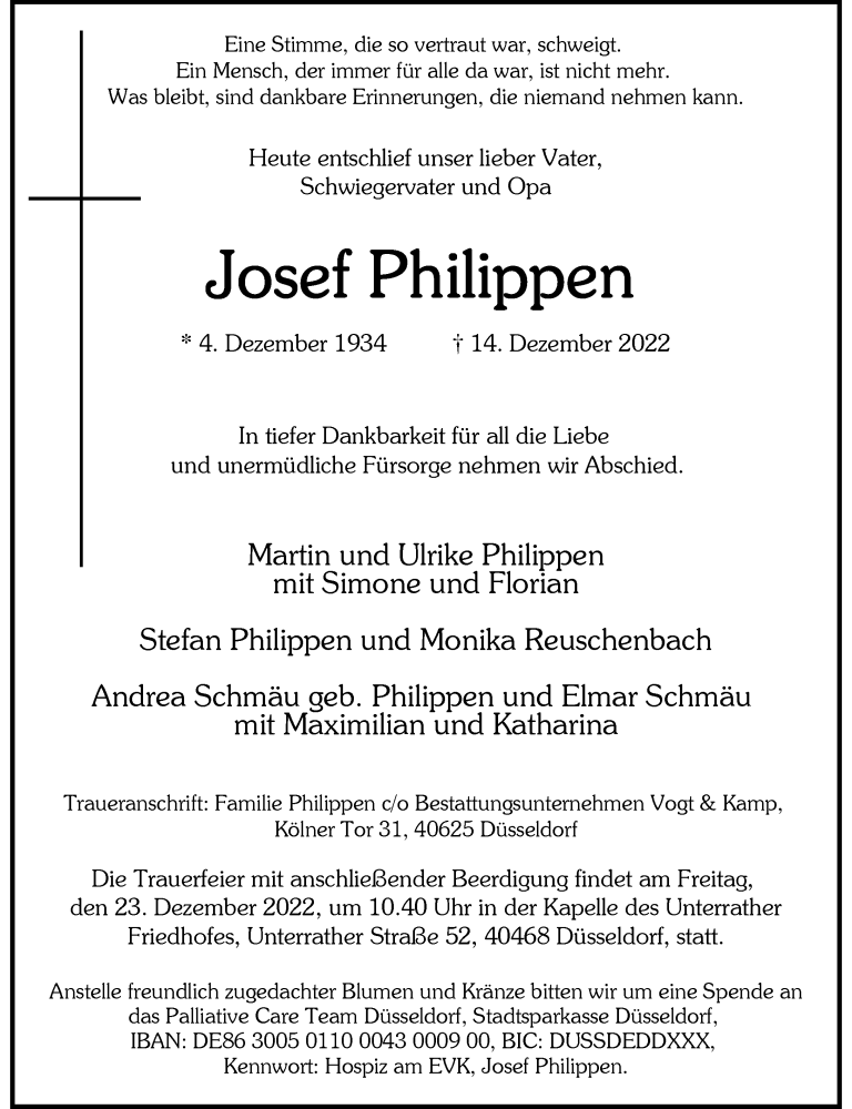  Traueranzeige für Josef Philippen vom 17.12.2022 aus Rheinische Post