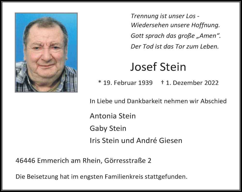  Traueranzeige für Josef Stein vom 17.12.2022 aus Rheinische Post