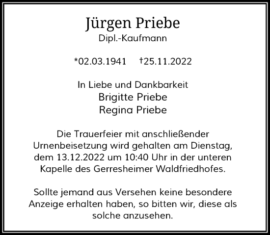 Traueranzeige von Jürgen Priebe von Rheinische Post
