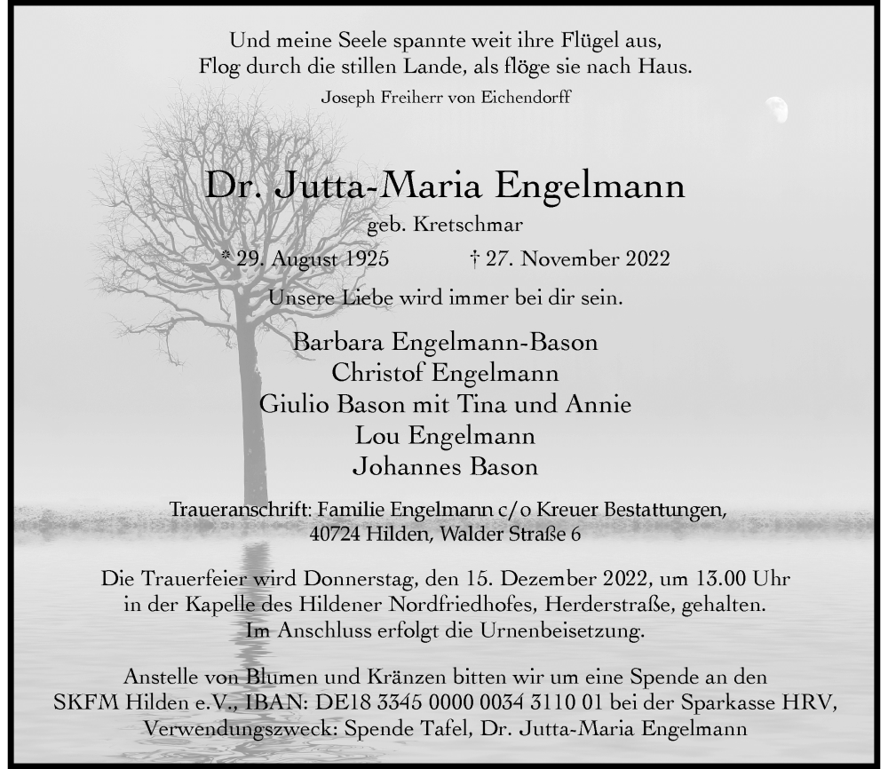  Traueranzeige für Jutta-Maria Engelmann vom 03.12.2022 aus Rheinische Post