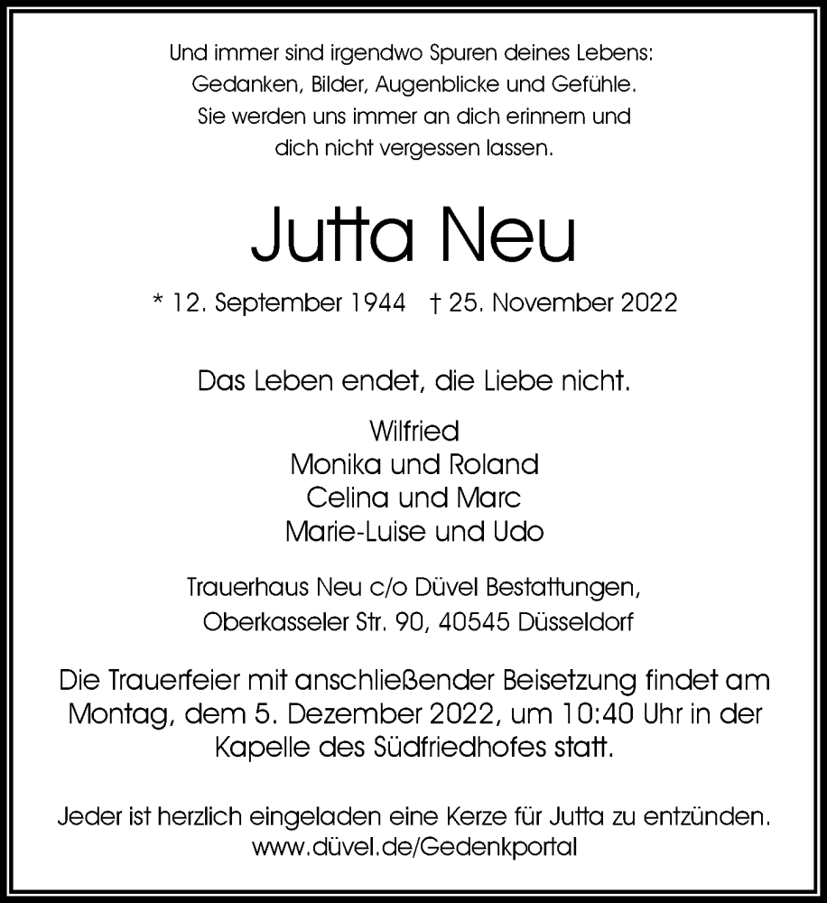  Traueranzeige für Jutta Neu vom 03.12.2022 aus Rheinische Post