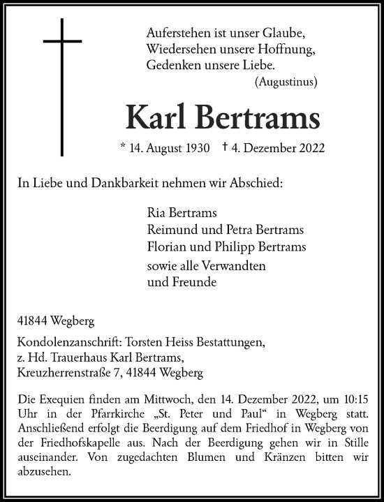 Traueranzeige von Karl Bertrams von Rheinische Post