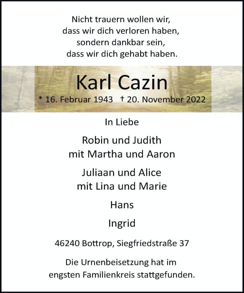  Traueranzeige für Karl Cazin vom 01.12.2022 aus Rheinische Post