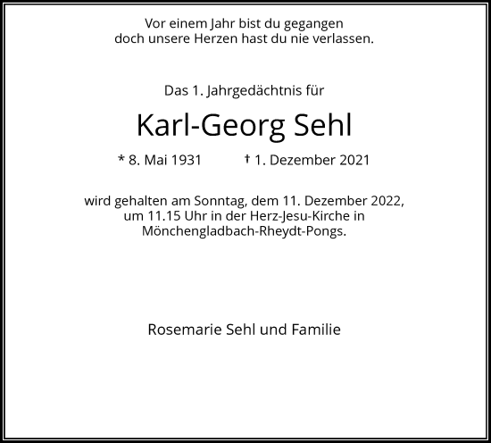 Traueranzeige von Karl-Georg Sehl von Rheinische Post