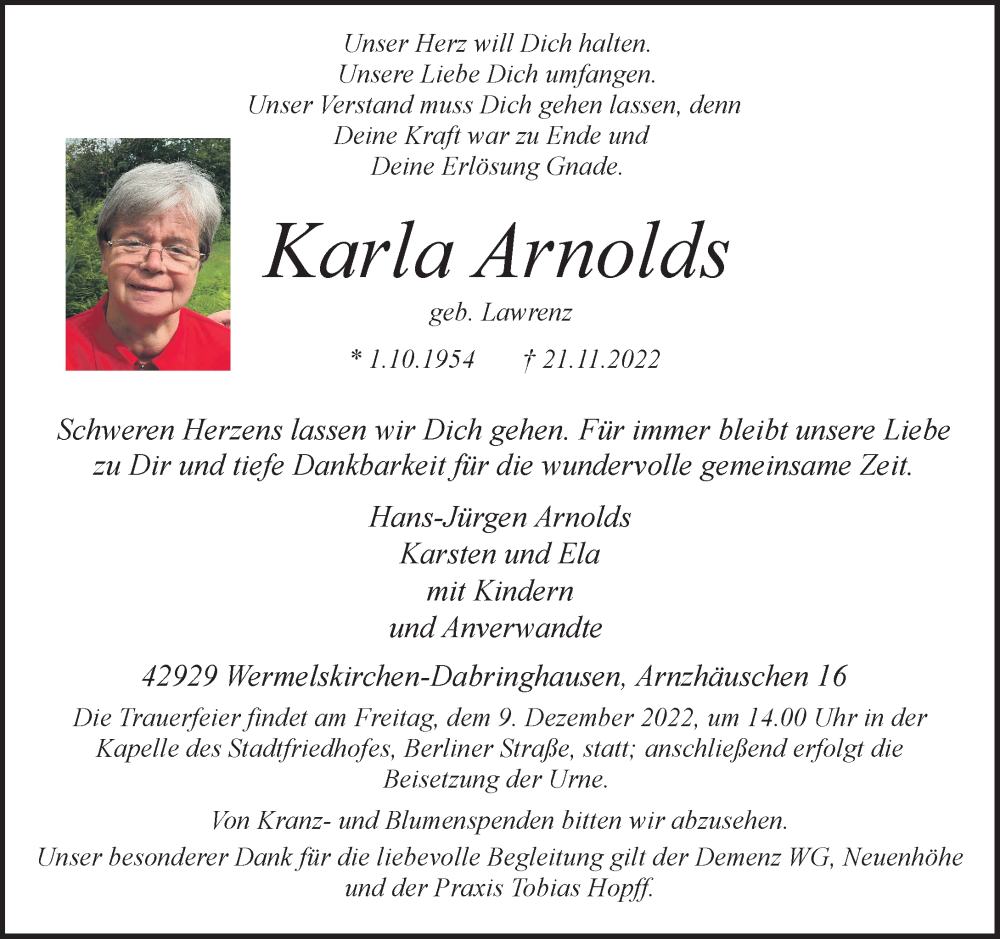  Traueranzeige für Karla Arnolds vom 03.12.2022 aus Rheinische Post