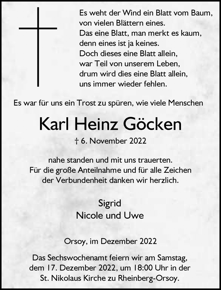  Traueranzeige für Karl Heinz Göcken vom 10.12.2022 aus Rheinische Post