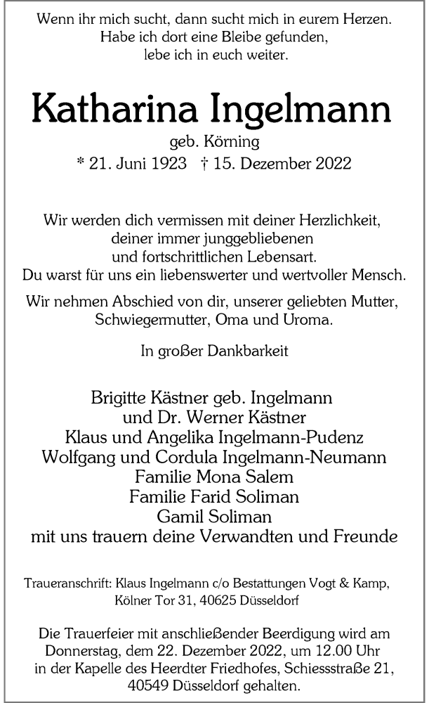 Traueranzeige für Katharina Ingelmann vom 17.12.2022 aus Rheinische Post