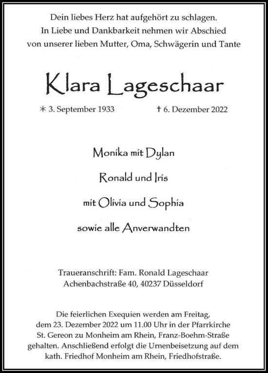 Traueranzeige von Klara Lageschaar von Rheinische Post