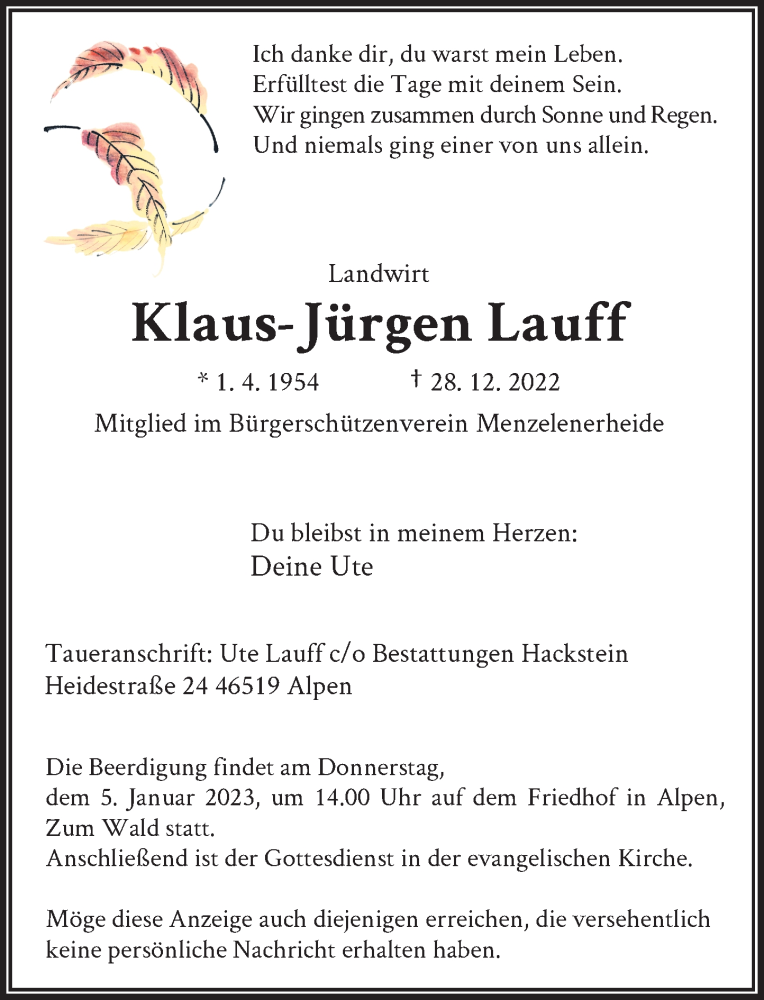  Traueranzeige für Klaus- Jürgen Lauff vom 31.12.2022 aus Rheinische Post