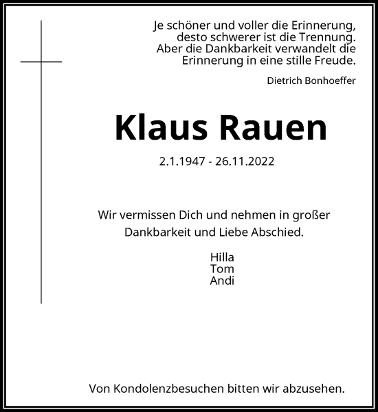 Traueranzeige von Klaus Rauen von Rheinische Post