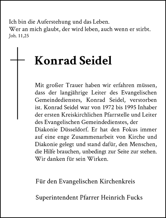 Traueranzeige von Konrad Seidel von Rheinische Post