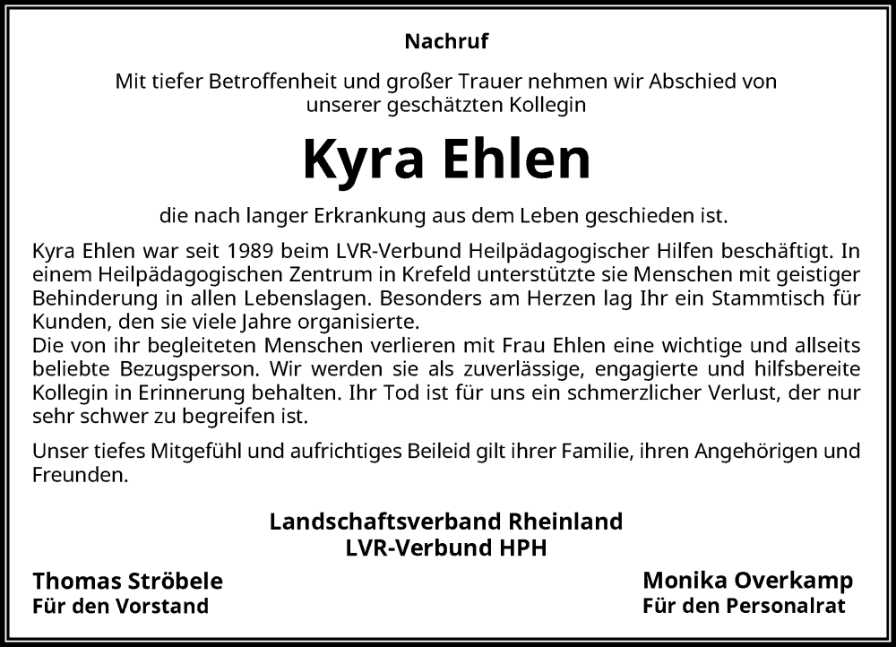  Traueranzeige für Kyra Ehlen vom 17.12.2022 aus Rheinische Post
