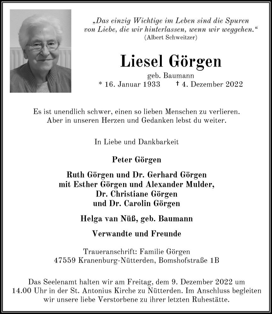  Traueranzeige für Liesel Görgen vom 07.12.2022 aus Rheinische Post