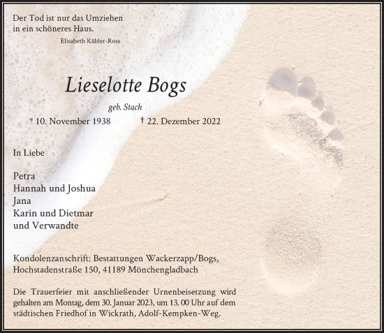 Traueranzeige von Lieselotte Bogs von Rheinische Post