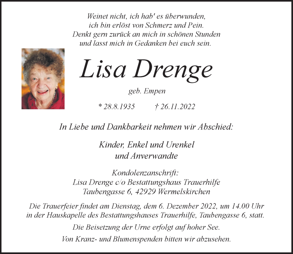  Traueranzeige für Lisa Drenge vom 03.12.2022 aus Rheinische Post