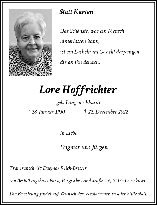 Traueranzeige von Lore Hoffrichter von Rheinische Post